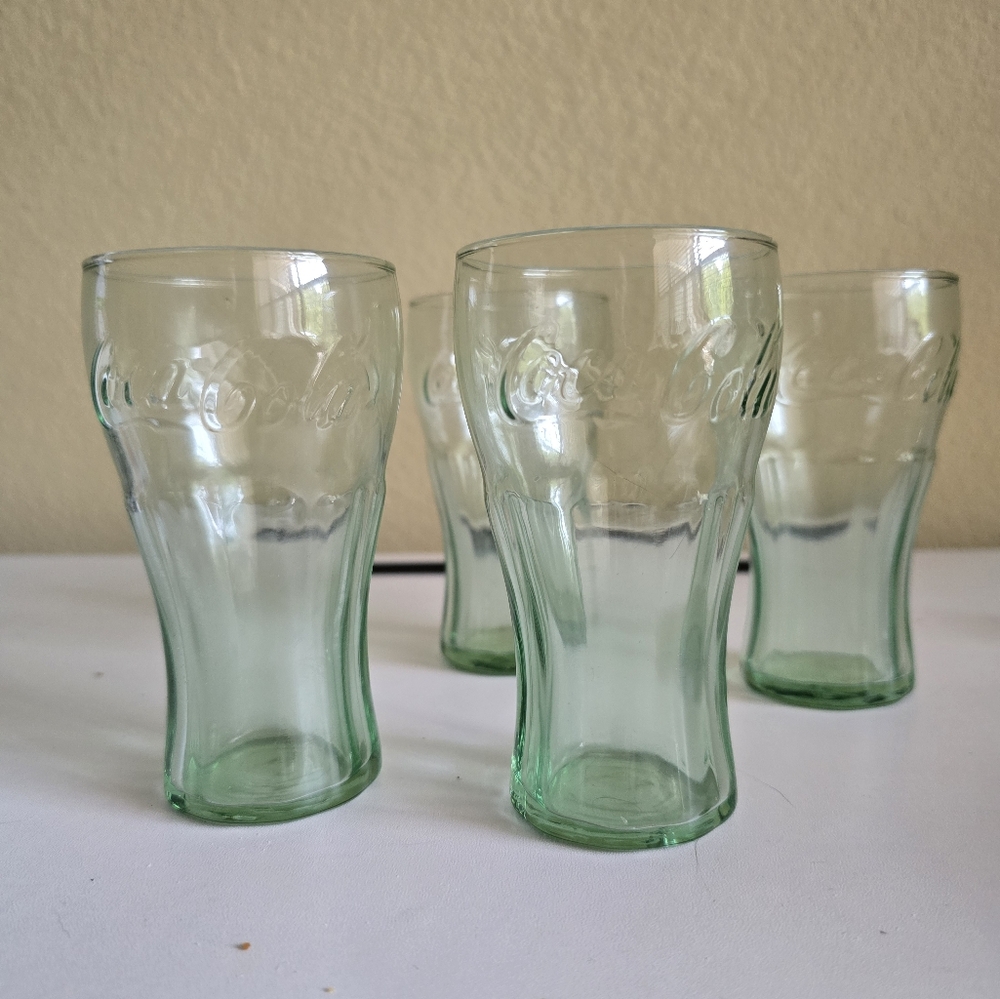 4 Vintage Libbey Coca Cola Green 6.25 oz Glass 4-3/8" Small Coke Embossed Glass